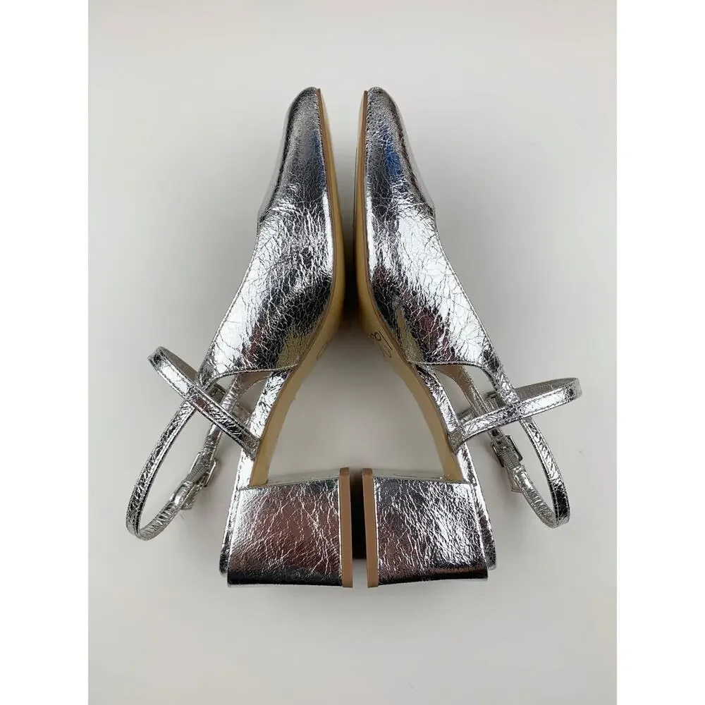 Steve Madden Emjay Block Heel Shoes Silver Slingback Pumps Women's 10 90s Y2K